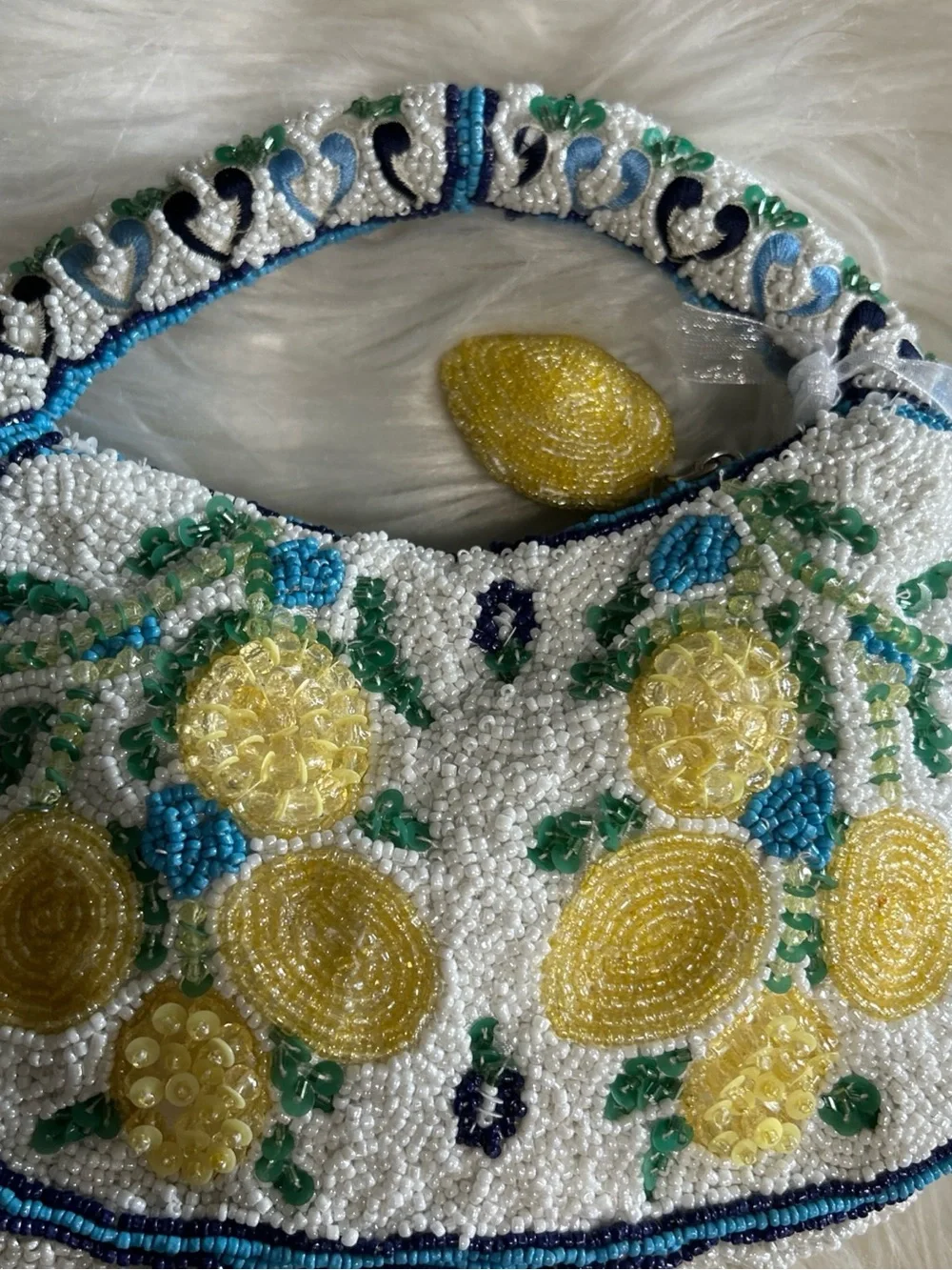 Beaded Lemon Motif Clutch in White and Yellow